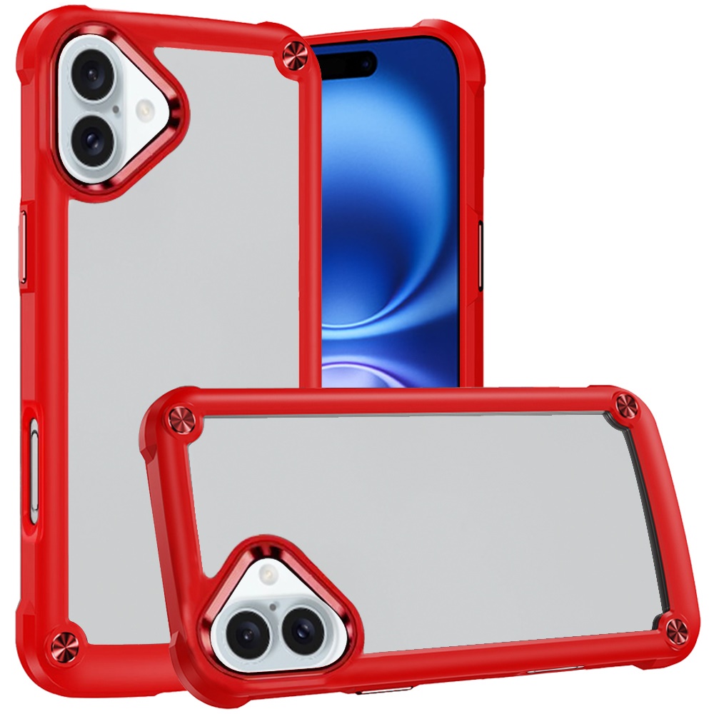 for iphone 16 6.1 inch ultimate casex transparent hybrid case with metal buttons and camera edges red