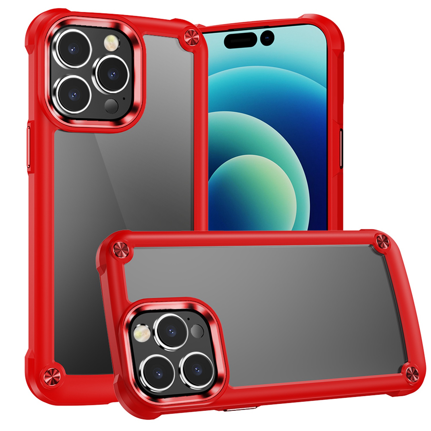 for apple iphone 14 pro max 6.7" ultimate casex transparent hybrid case with metal buttons and camera edges red