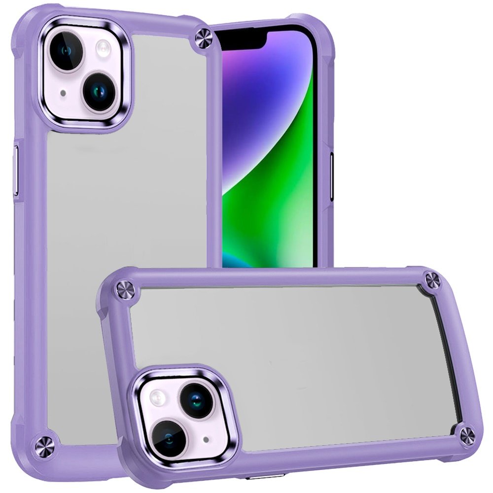 for iphone 13/14 ultimate casex transparent hybrid case with metal buttons and camera edges light purple