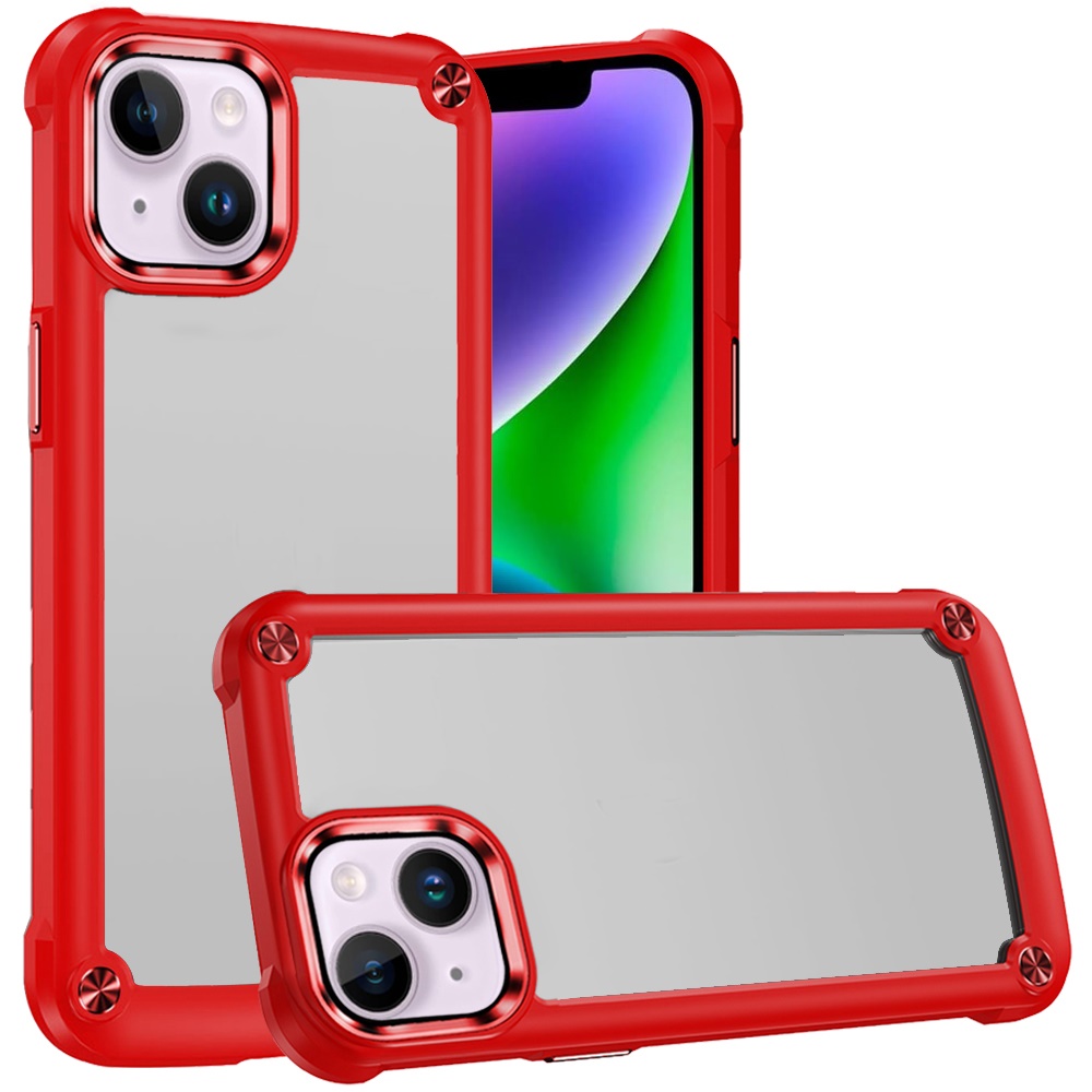 for iphone 13/14 ultimate casex transparent hybrid case with metal buttons and camera edges red