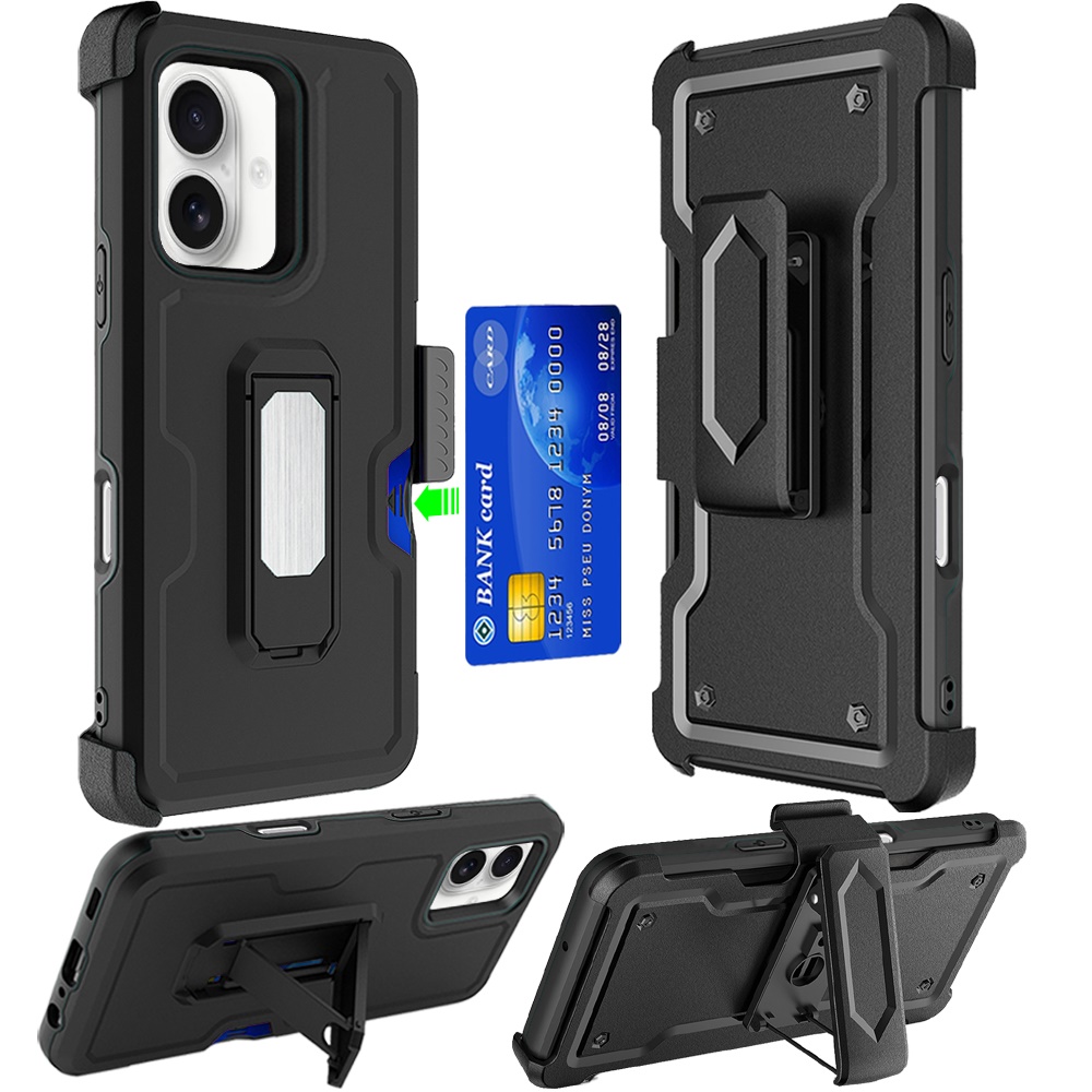 for iphone 16 plus 6.7 inch card holster with kickstand clip hybrid case cover black