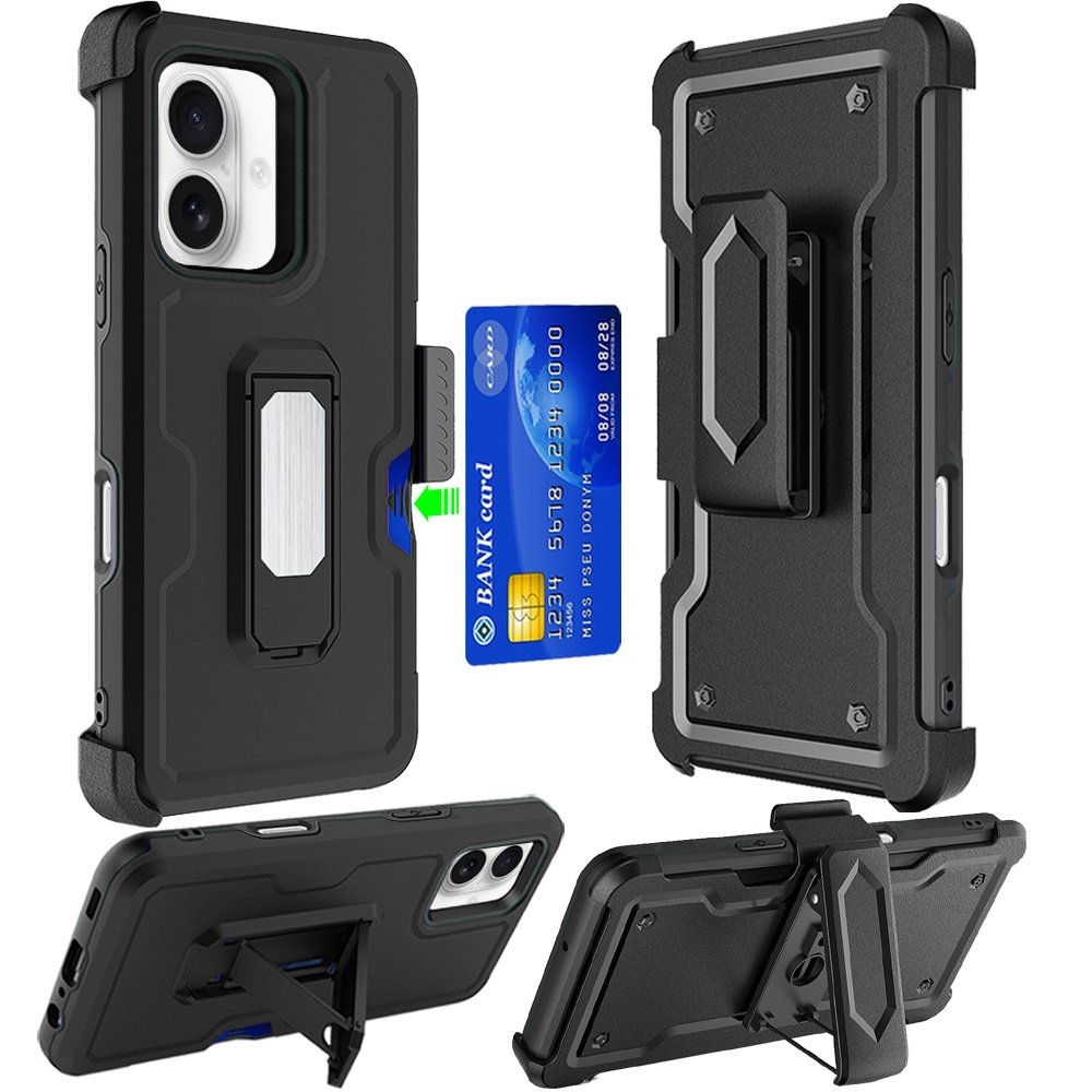 for iphone 16 6.1 inch card holster with kickstand clip hybrid case cover black