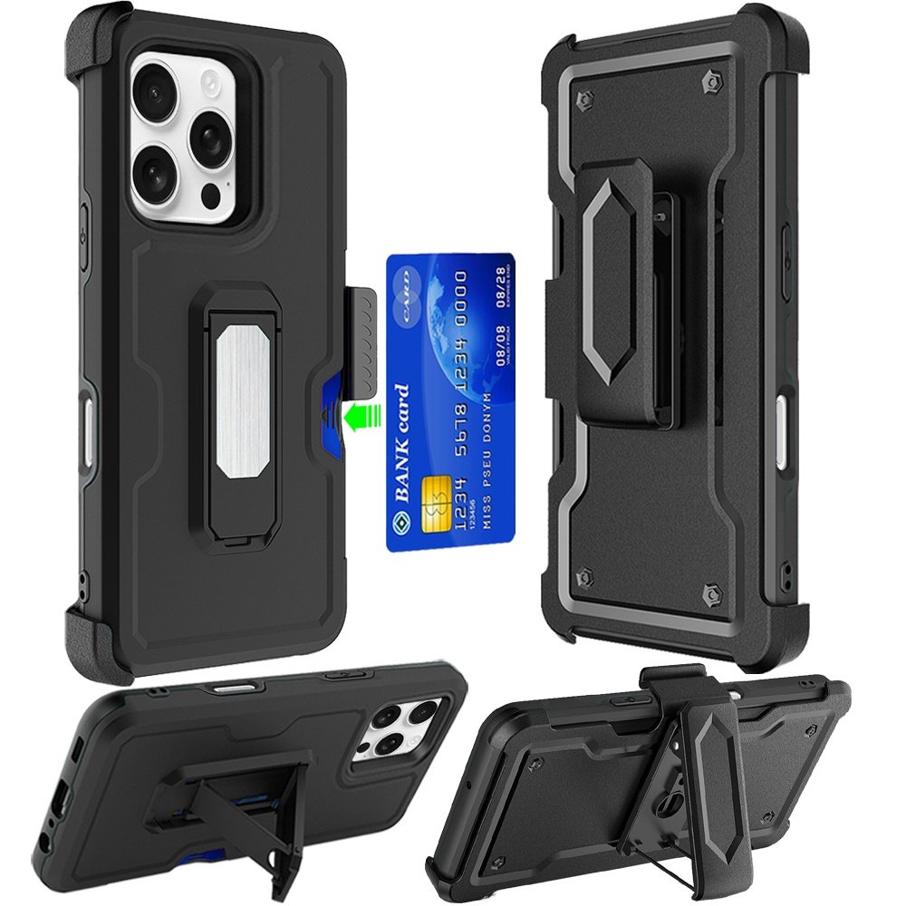 for iphone 16 pro 6.3 inch card holster with kickstand clip hybrid case cover black