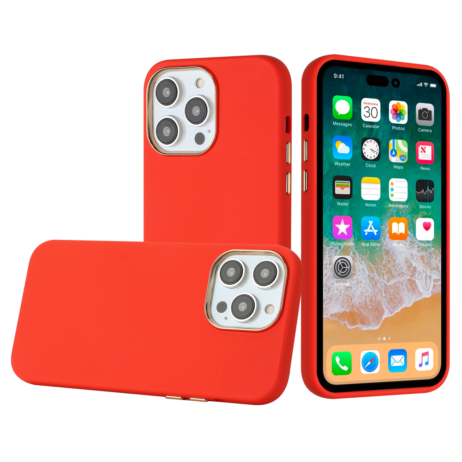 for apple iphone 14 6.1" classy slick chromed around hybrid case cover red