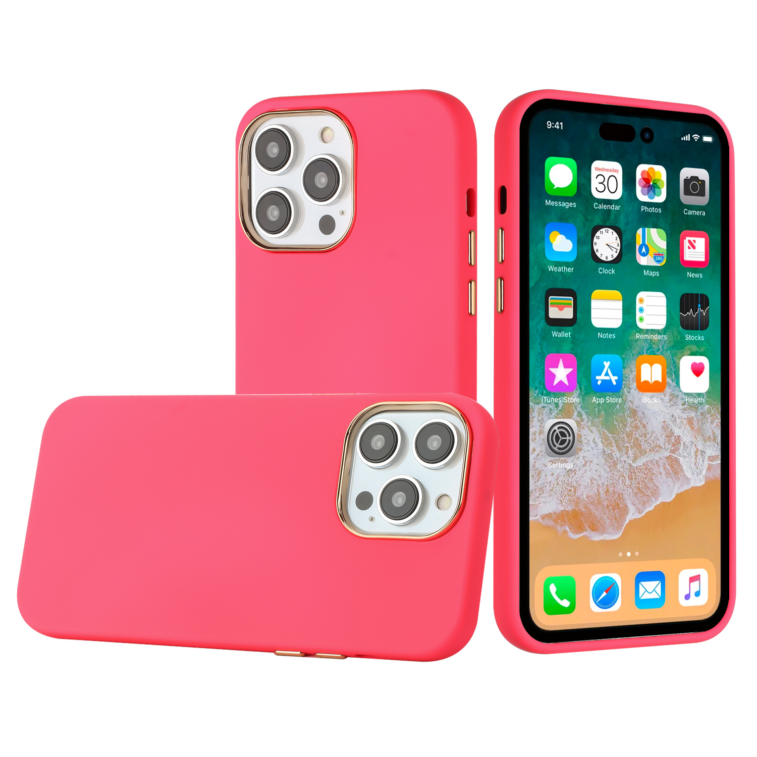 for apple iphone 14 pro max 6.7" classy slick chromed around hybrid case cover hot pink