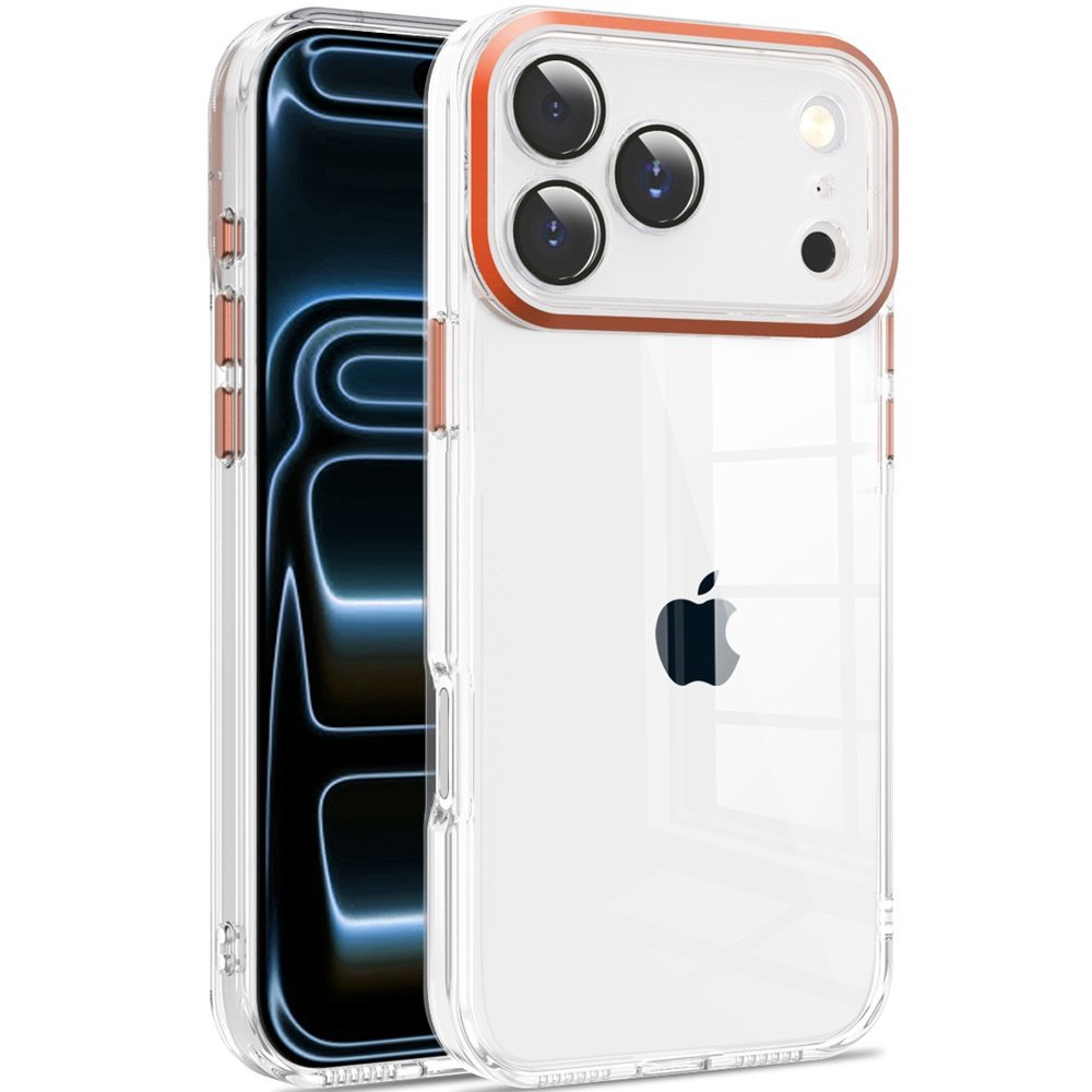 for iphone 17 pro transparent clear hybrid with matching metal buttons and camera protection cosmic orange
