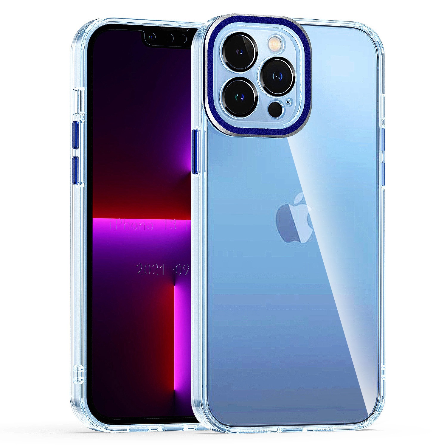 for iphone 15 plus transparent clear hybrid with matching metal buttons and camera protection dark blue