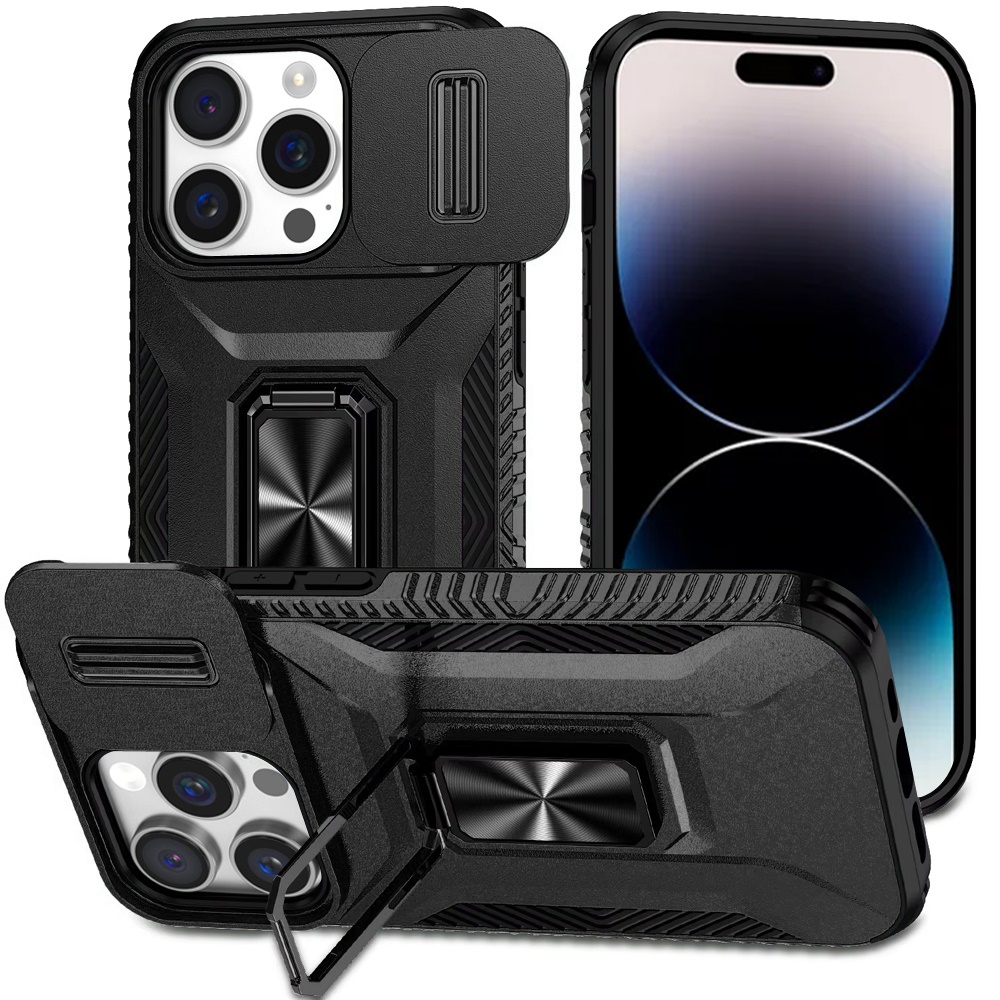 for iphone 14 pro max 6.7" complete magnetic metal ring stand camera protection hybrid black