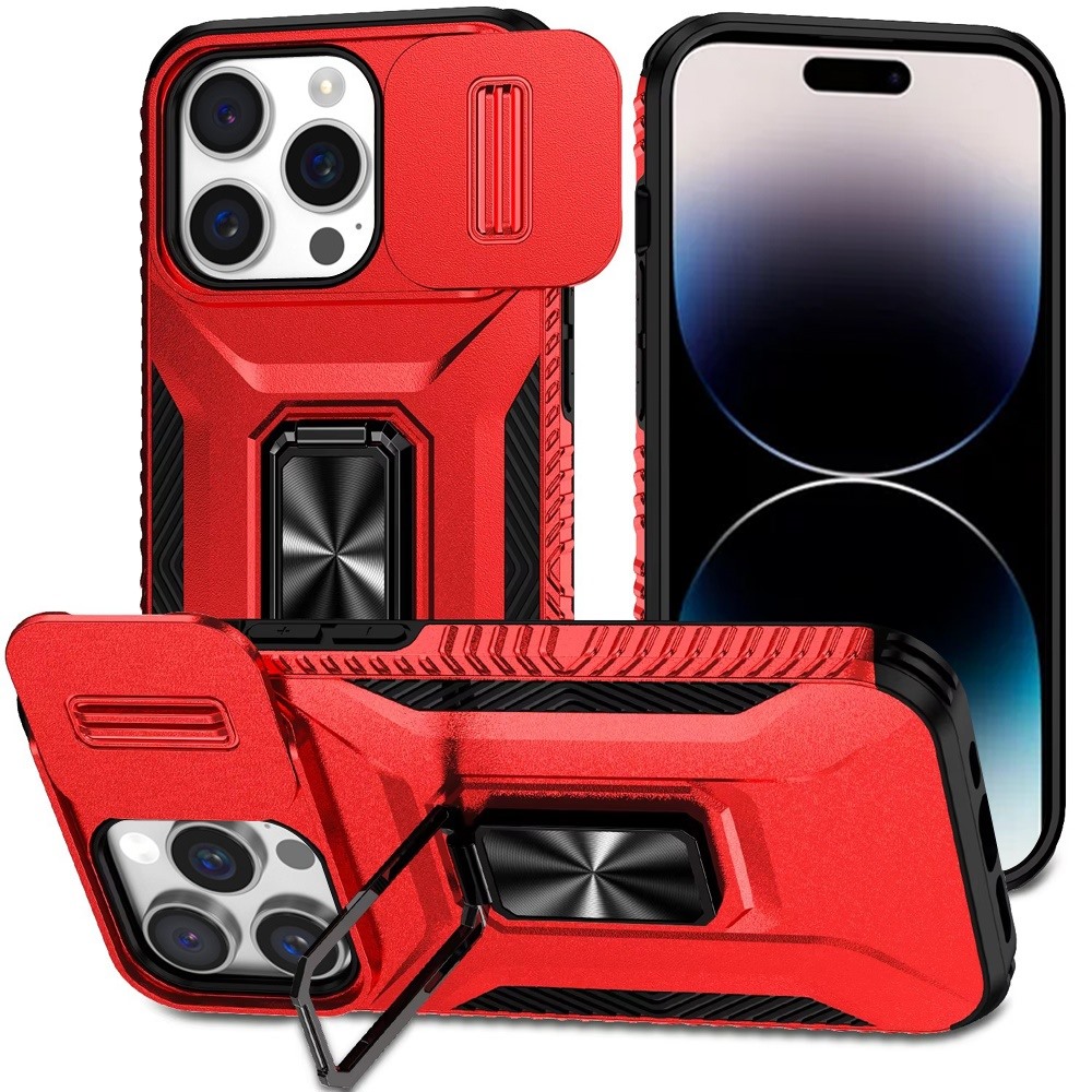 for iphone 14 pro max 6.7" complete magnetic metal ring stand camera protection hybrid red