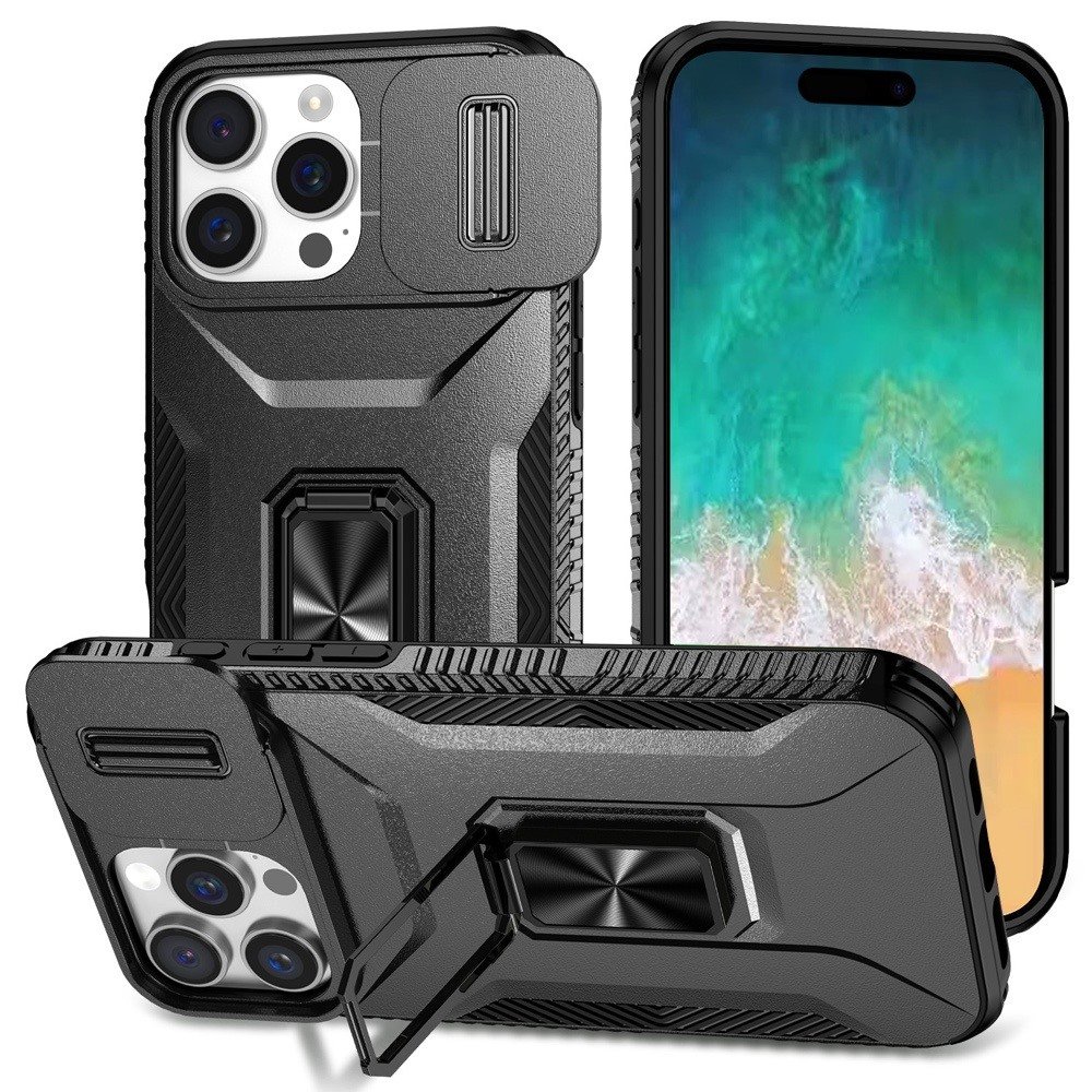 for iphone 16 pro max 6.9 inch complete magnetic metal ring stand camera protection hybrid black