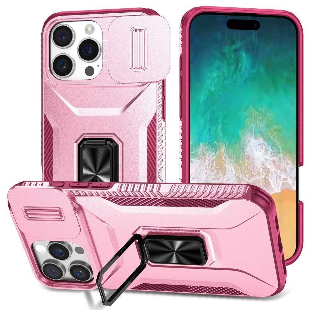 for iphone 16 pro max 6.9 inch complete magnetic metal ring stand camera protection hybrid pink+burgundy