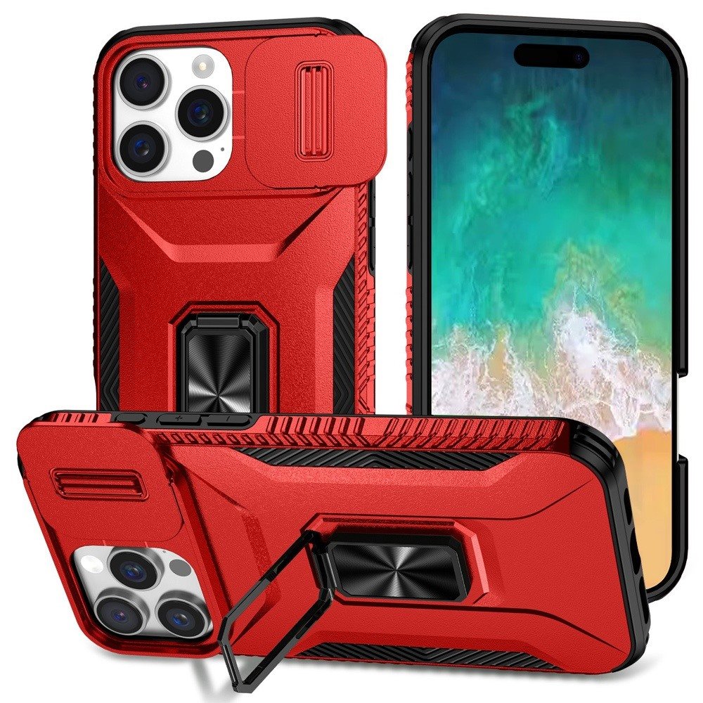for iphone 16 pro max 6.9 inch complete magnetic metal ring stand camera protection hybrid red