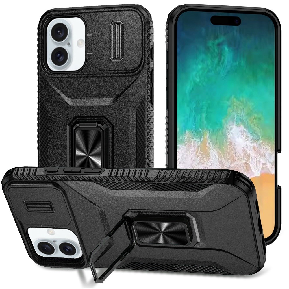 for iphone 16 plus 6.7 inch complete magnetic metal ring stand camera protection hybrid black