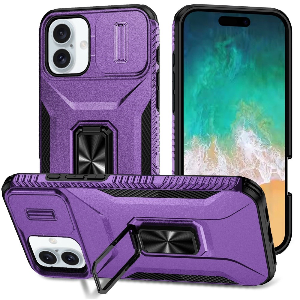 for iphone 16 plus 6.7 inch complete magnetic metal ring stand camera protection hybrid purple