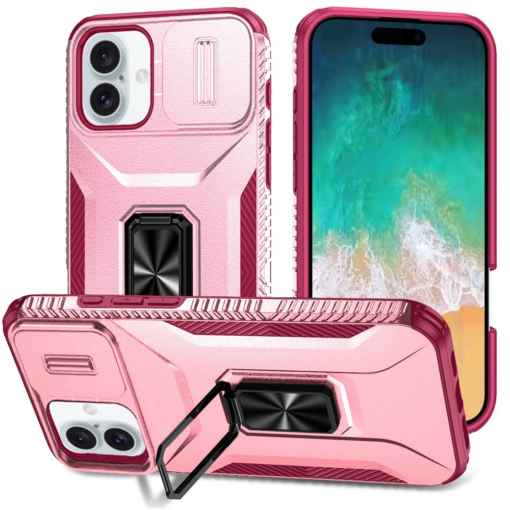 for iphone 16 plus 6.7 inch complete magnetic metal ring stand camera protection hybrid pink+burgundy