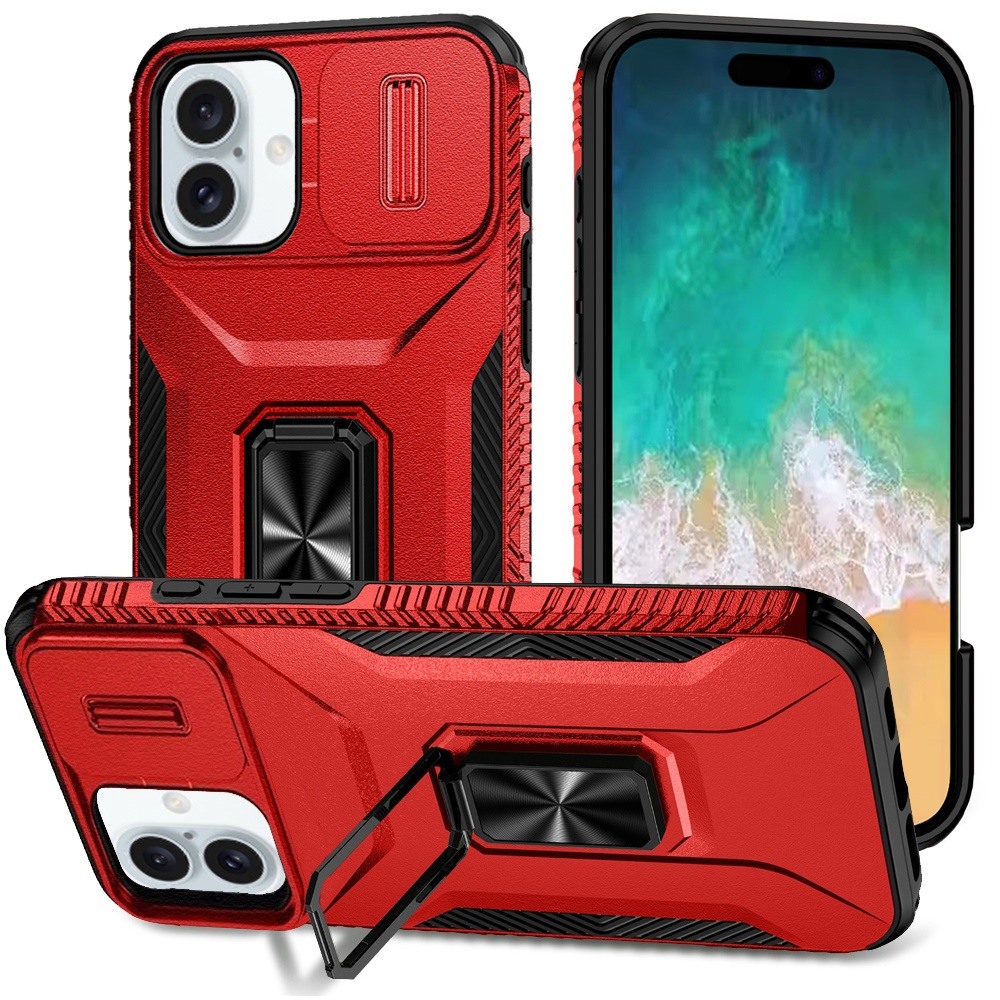 for iphone 16 plus 6.7 inch complete magnetic metal ring stand camera protection hybrid red