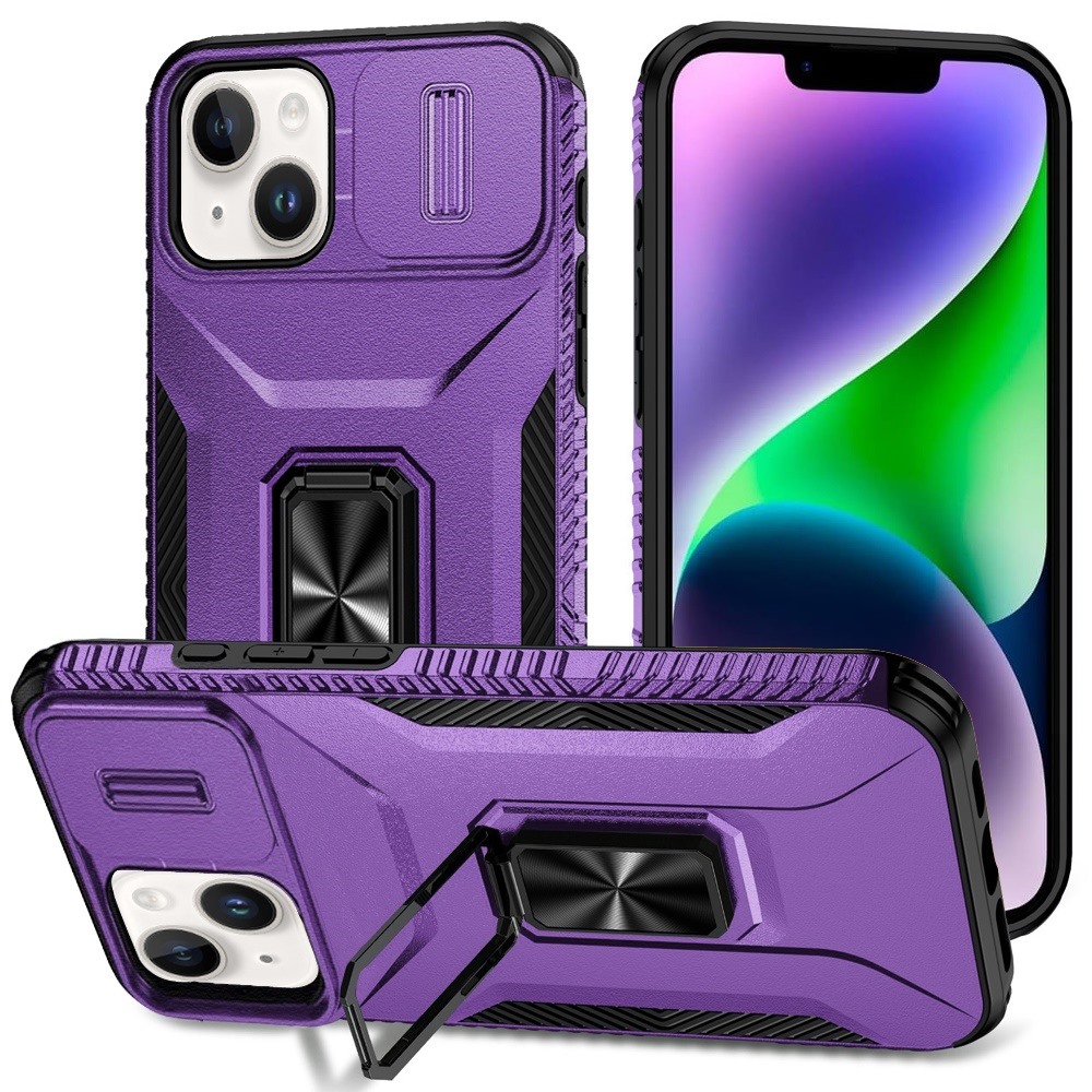 for iphone 14/iphone 13 complete magnetic metal ring stand camera protection hybrid purple