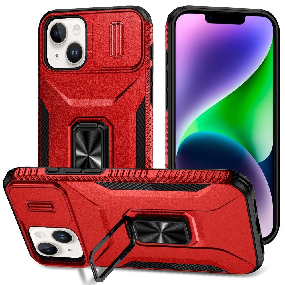 for iphone 14/iphone 13 complete magnetic metal ring stand camera protection hybrid red