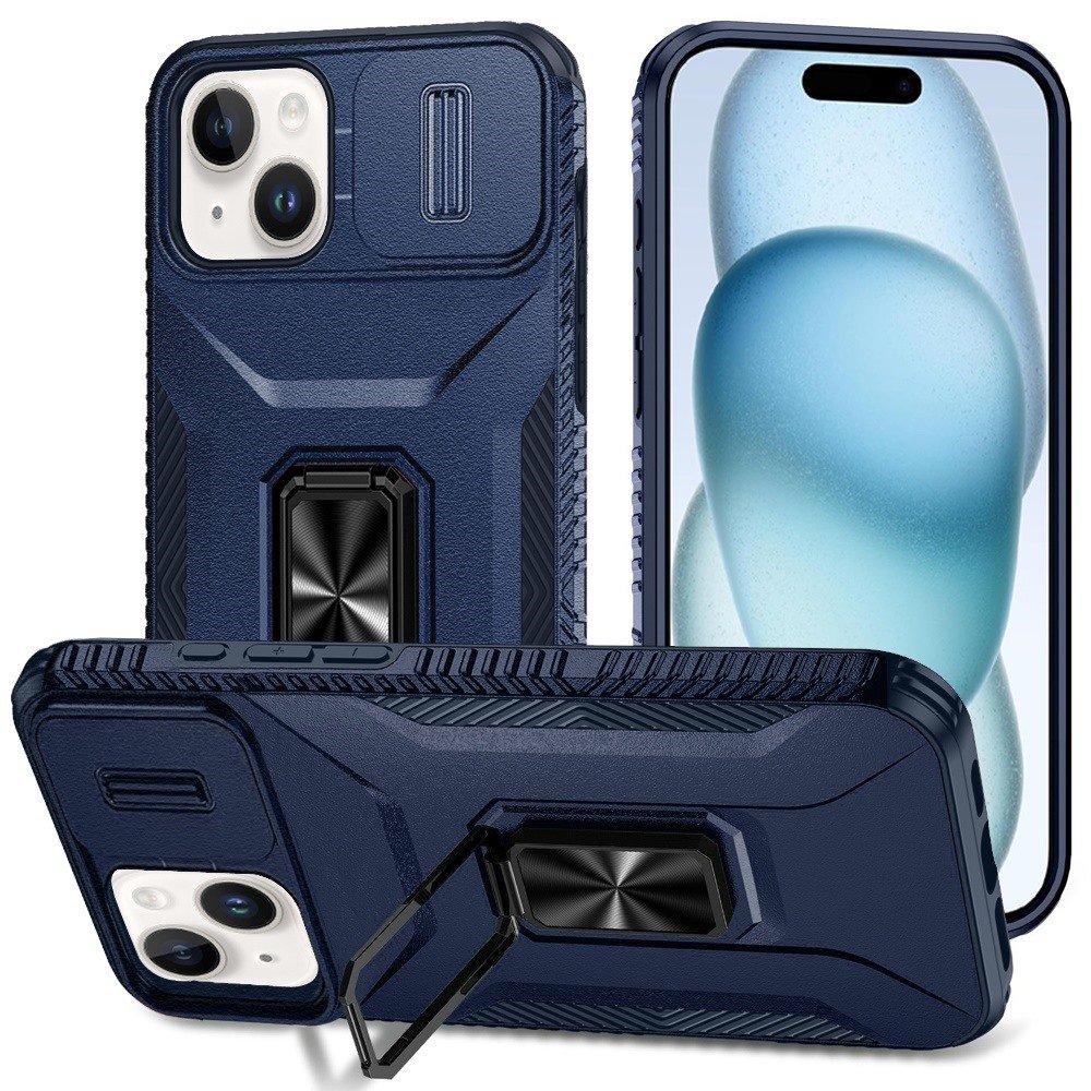 for iphone 15 complete magnetic metal ring stand camera protection hybrid blue