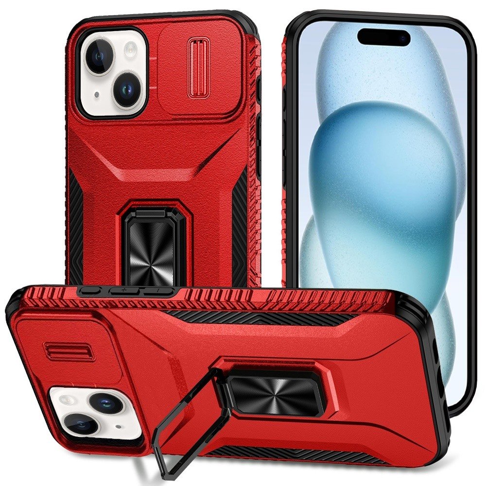 for iphone 15 complete magnetic metal ring stand camera protection hybrid red