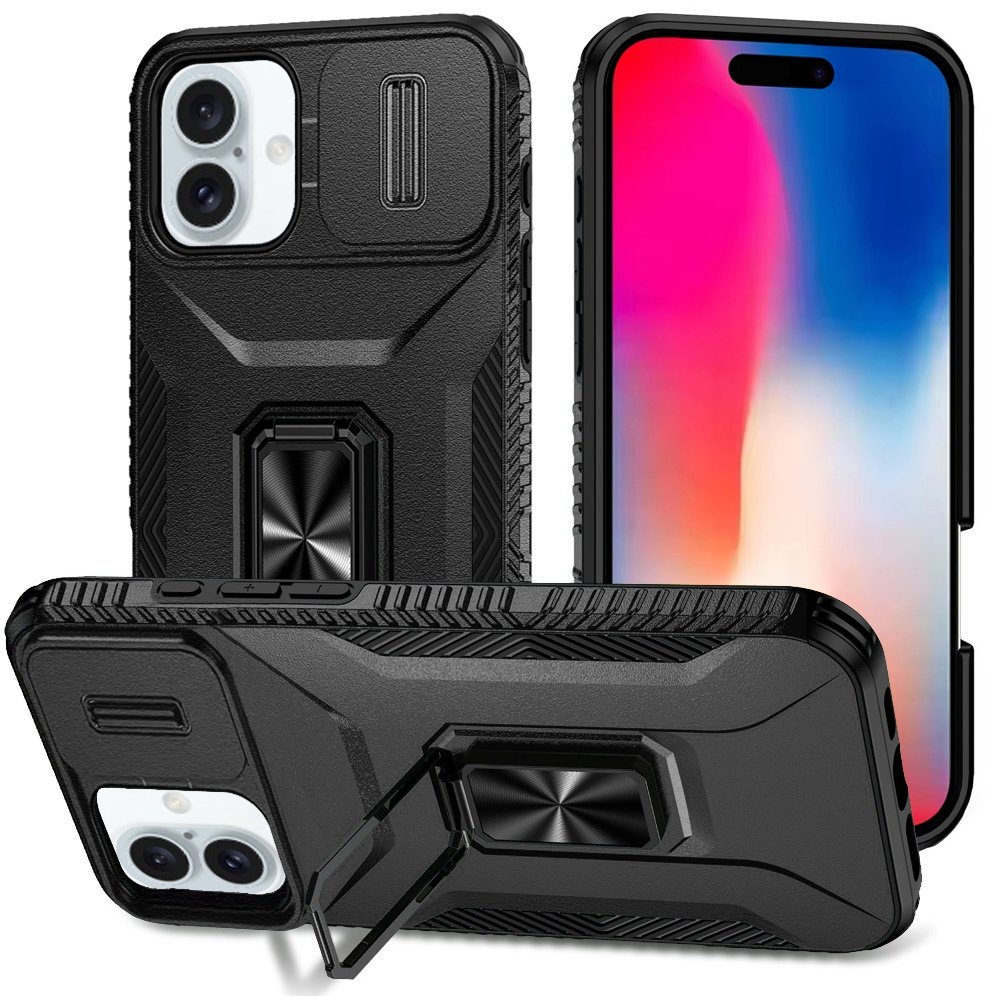for iphone 16 6.1 inch complete magnetic metal ring stand camera protection hybrid black
