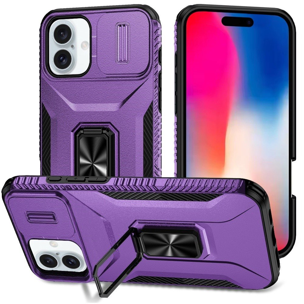 for iphone 16 6.1 inch complete magnetic metal ring stand camera protection hybrid purple