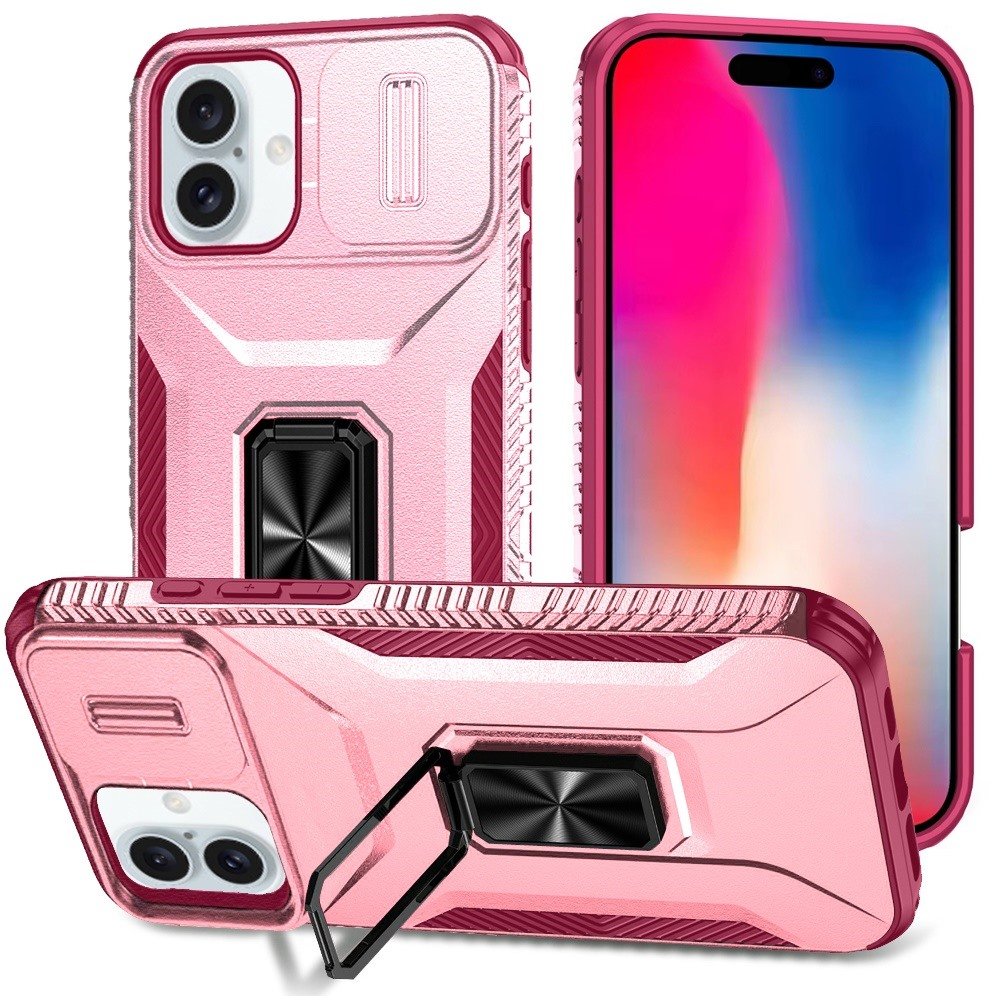 for iphone 16 6.1 inch complete magnetic metal ring stand camera protection hybrid pink+burgundy