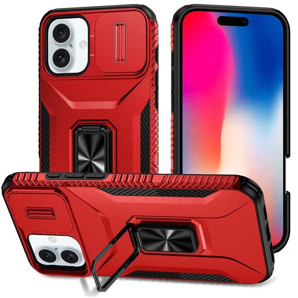 for iphone 16 6.1 inch complete magnetic metal ring stand camera protection hybrid red