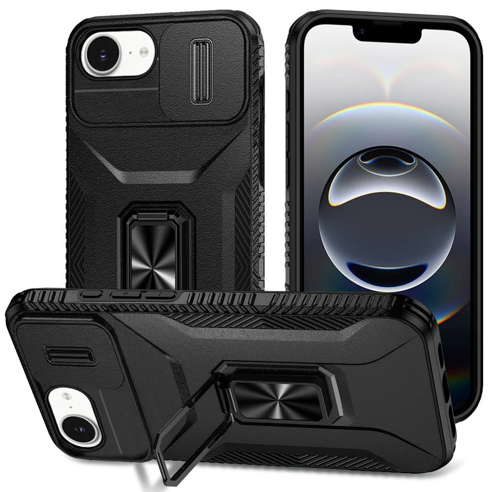 for iphone 17e / 16e / se4 complete magnetic metal ring stand camera protection hybrid black