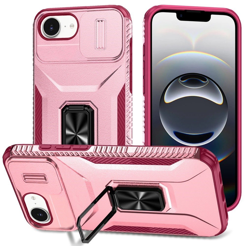 for iphone 17e / 16e / se4 complete magnetic metal ring stand camera protection hybrid pink+burgundy
