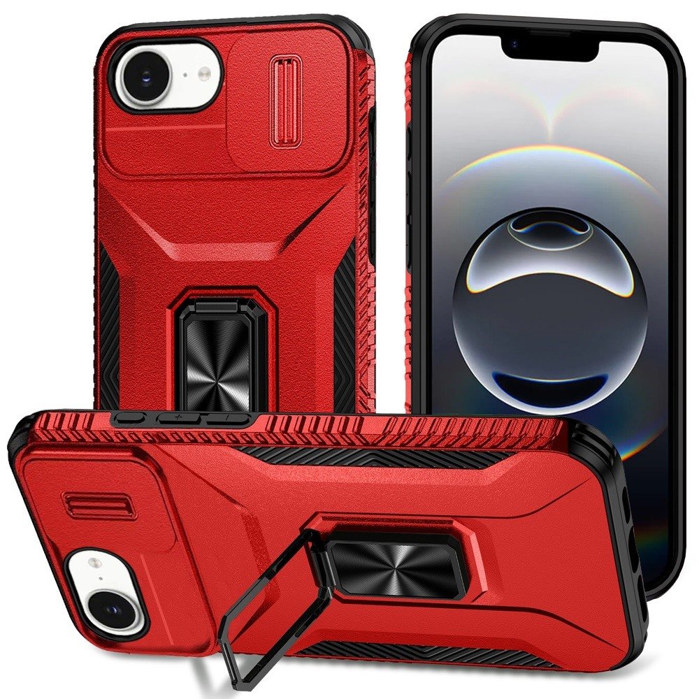 for iphone 17e / 16e / se4 complete magnetic metal ring stand camera protection hybrid red