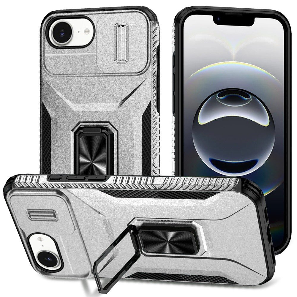 for iphone 17e / 16e / se4 complete magnetic metal ring stand camera protection hybrid silver