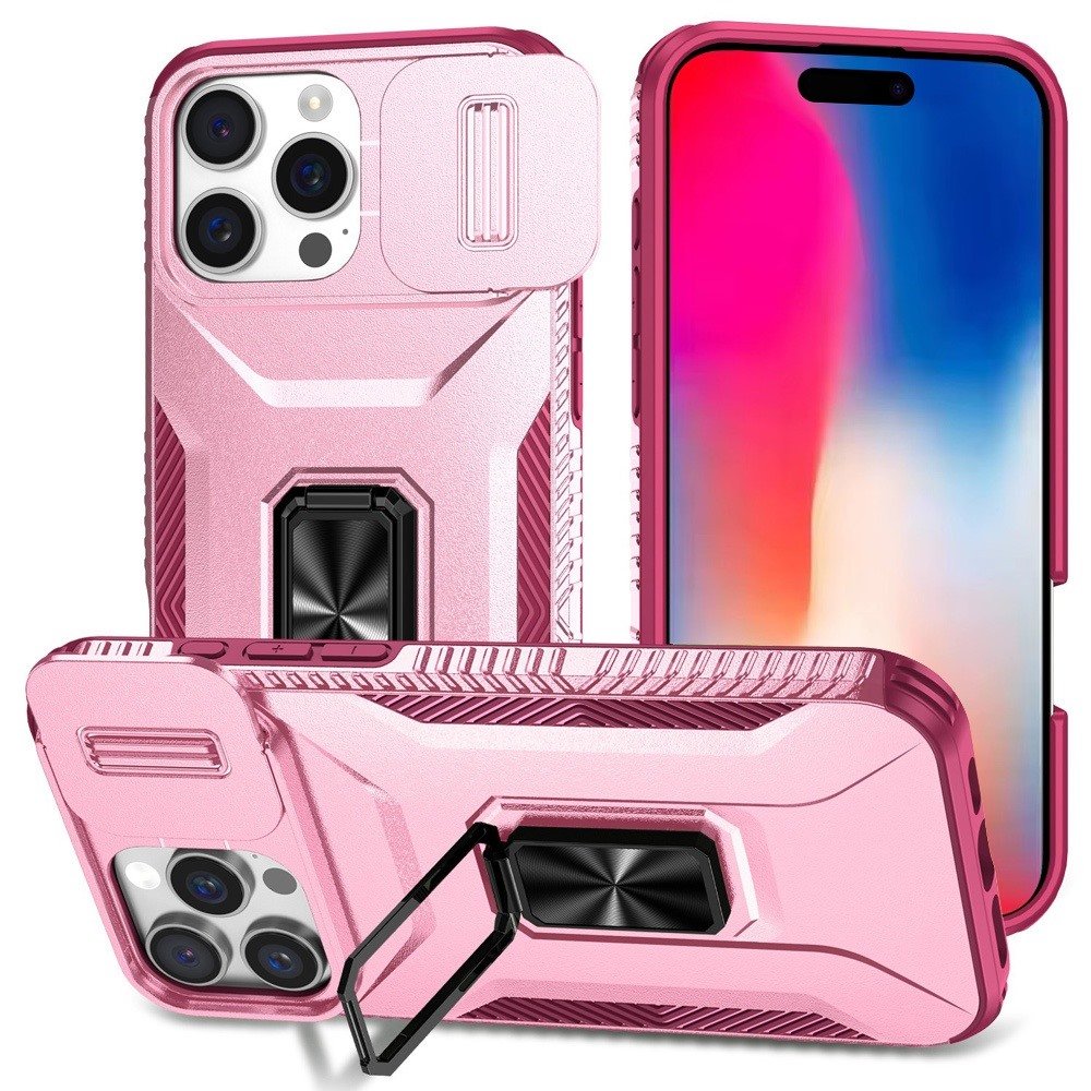 for iphone 16 pro 6.3 inch complete magnetic metal ring stand camera protection hybrid pink+burgundy