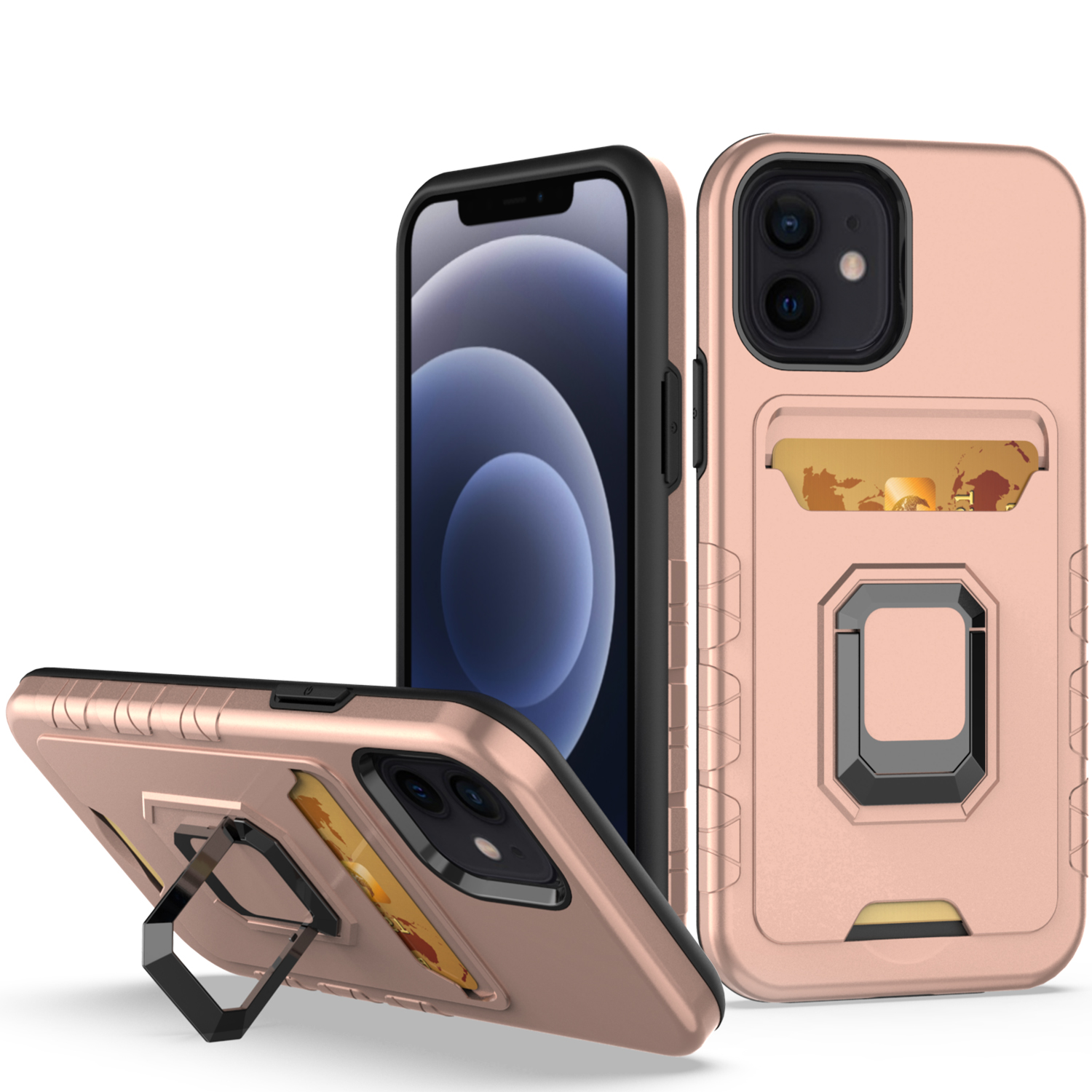 for apple iphone 14 pro 6.1" card holder with magnetic ring stand hybrid case cover rose gold