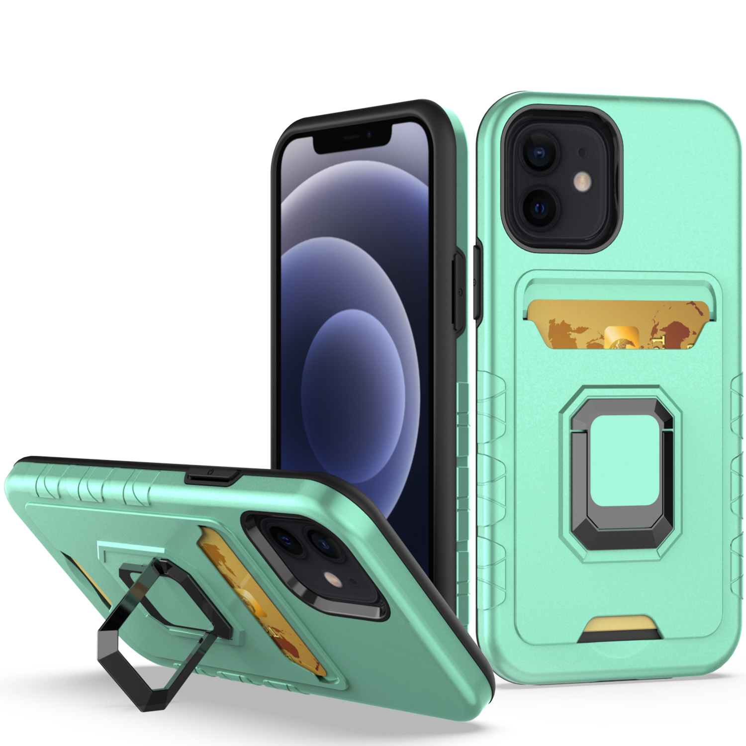 for apple iphone 14 pro 6.1" card holder with magnetic ring stand hybrid case cover teal