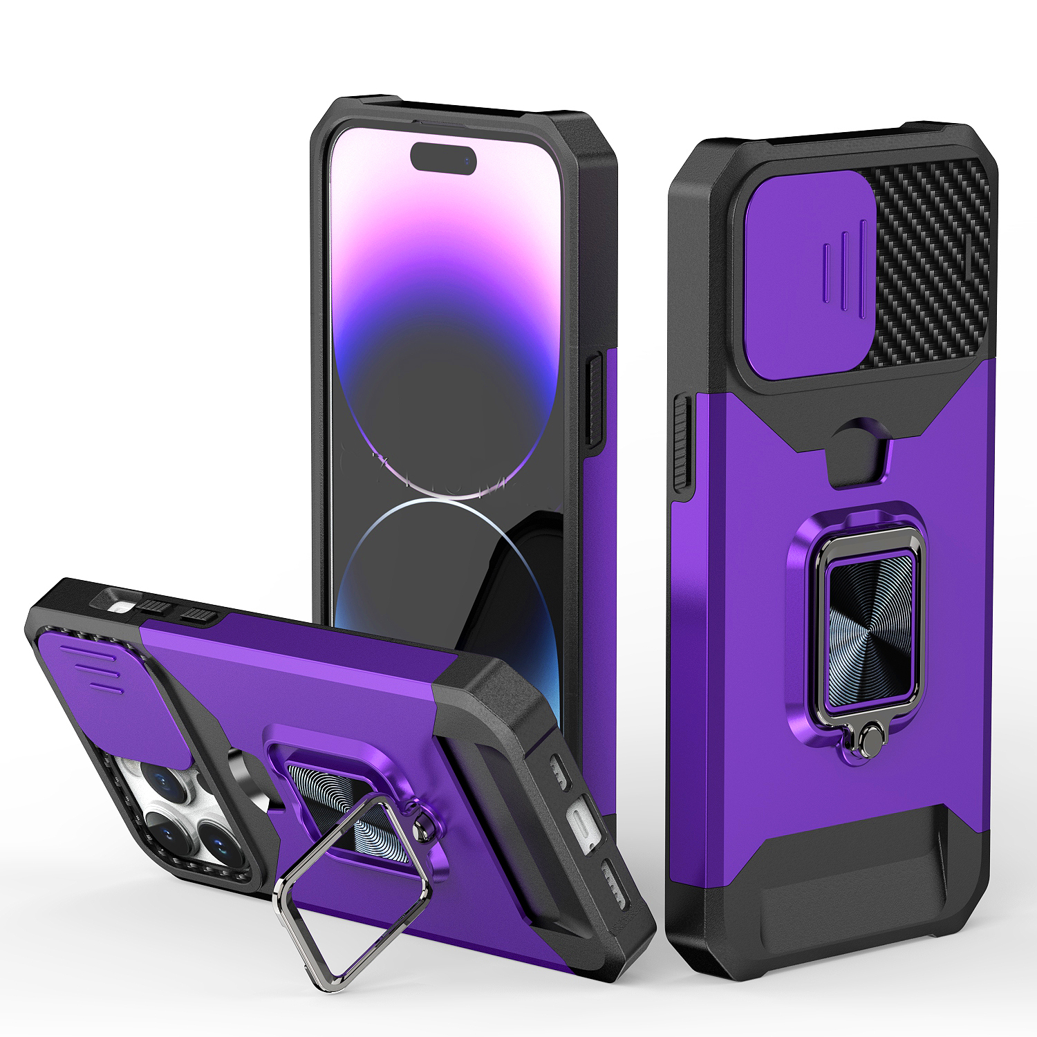 for iphone 15 pro multi functional card magnetic ring stand hybrid camera case cover dark purple