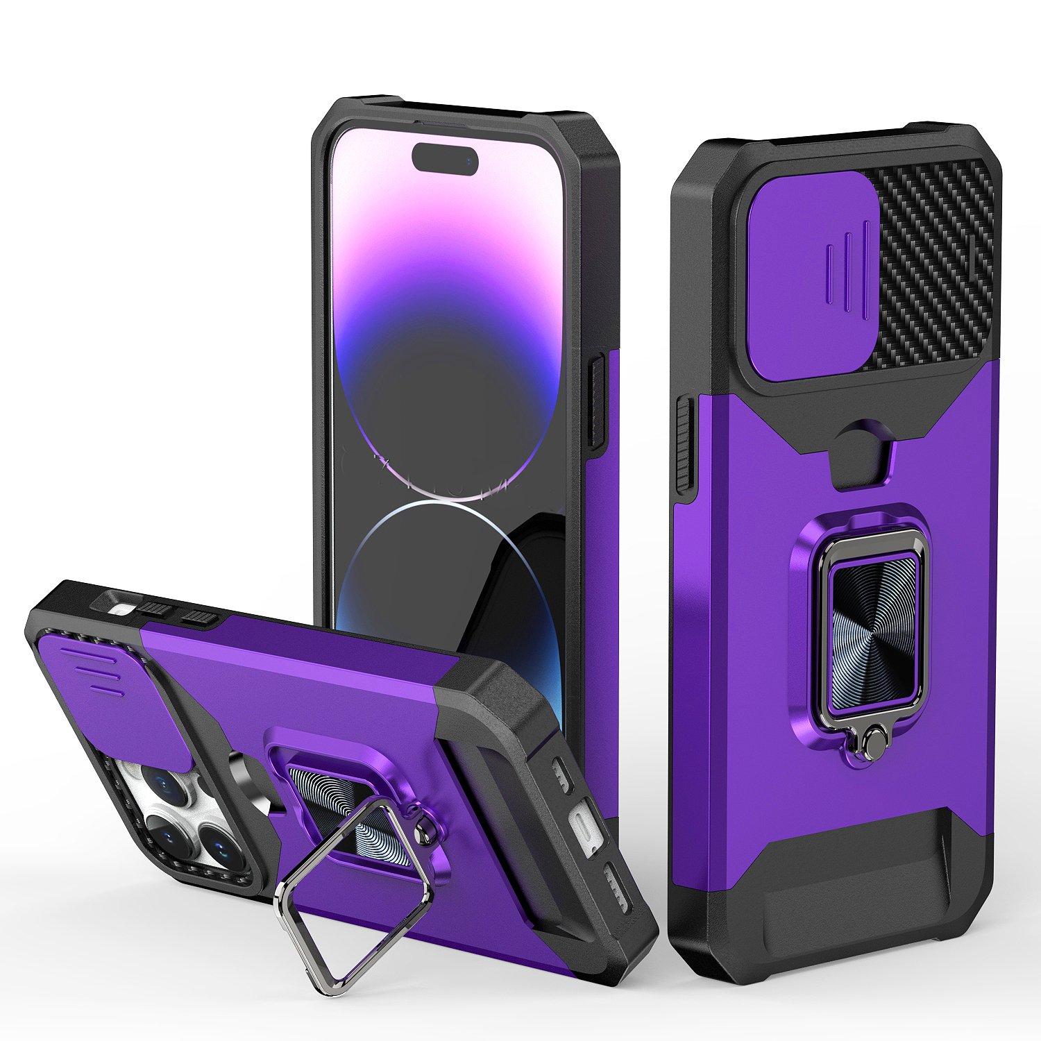 for iphone 15 multi functional card magnetic ring stand hybrid camera case cover dark purple
