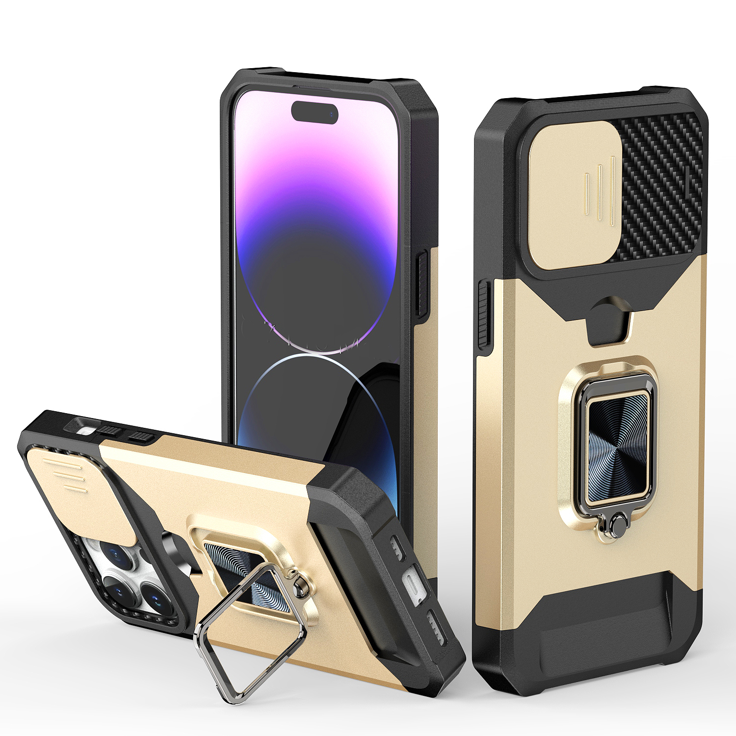 for ip15 pro max multi functional card magnetic ring stand hybrid camera case cover gold