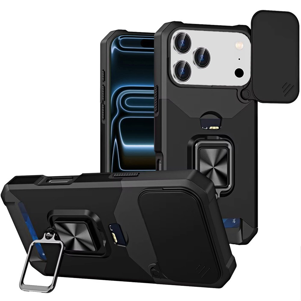 for iphone 17 pro max multi functional card magnetic ring stand hybrid camera case cover black
