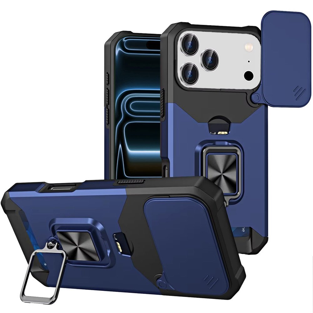 for iphone 17 pro max multi functional card magnetic ring stand hybrid camera case cover blue
