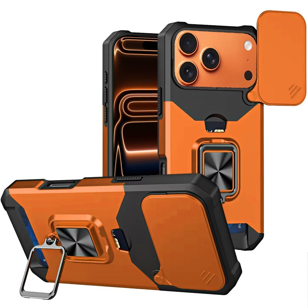 for iphone 17 pro max multi functional card magnetic ring stand hybrid camera case cover cosmic orange