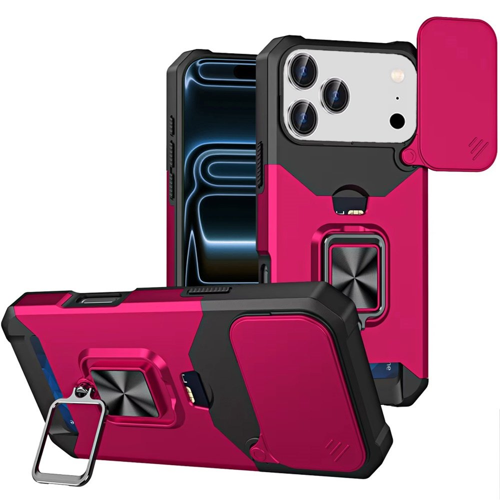 for iphone 17 pro max multi functional card magnetic ring stand hybrid camera case cover hot pink