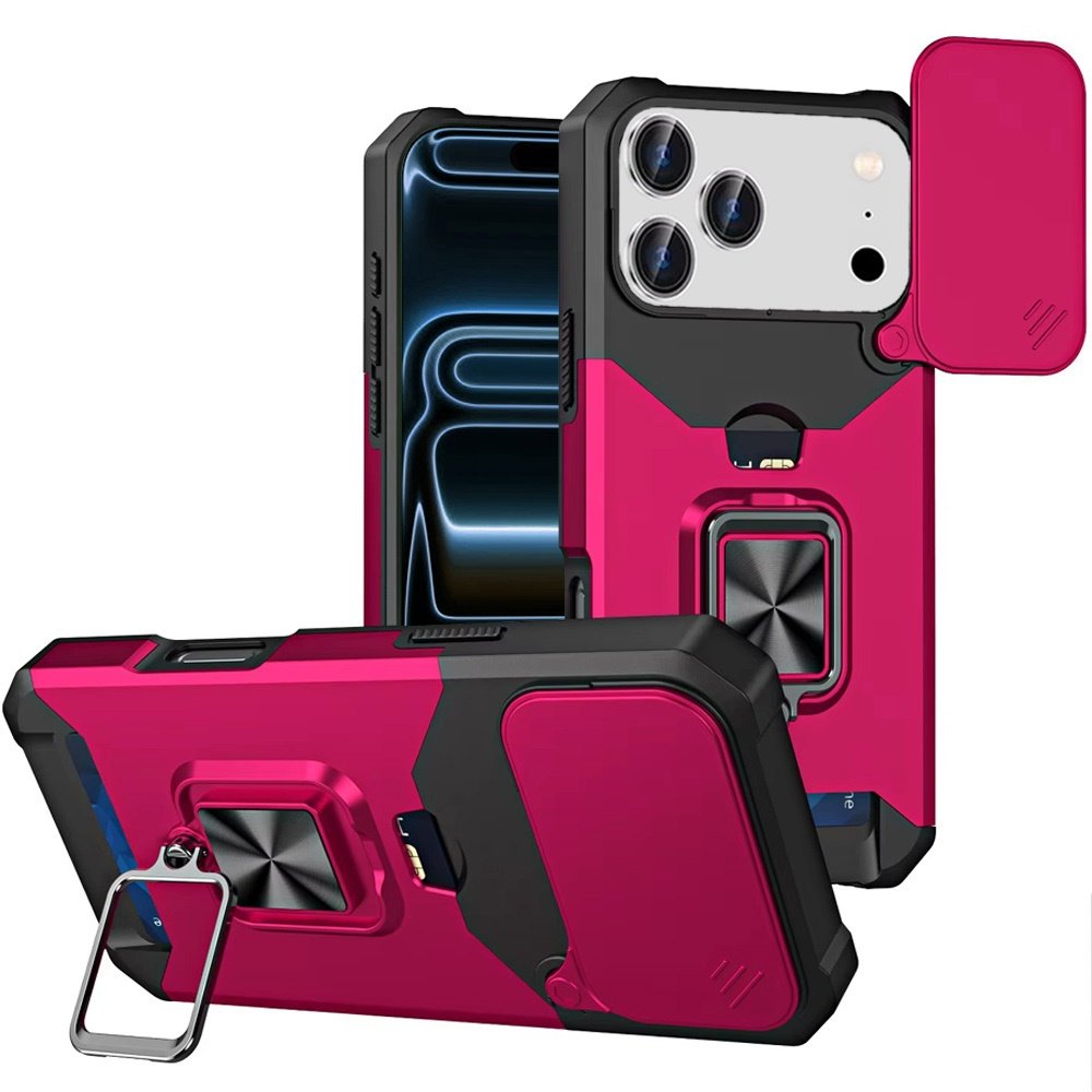 for iphone 17 pro multi functional card magnetic ring stand hybrid camera case cover hot pink