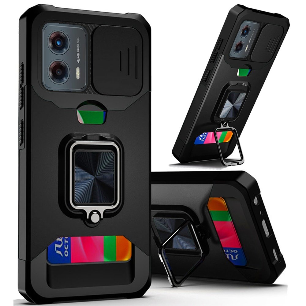 for motorola moto g 5g 2024 multi functional card magnetic ring stand hybrid camera case cover black