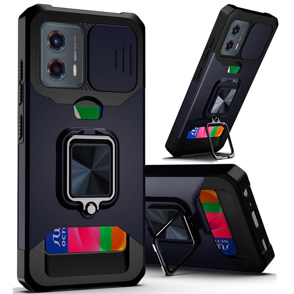 for motorola moto g 5g 2024 multi functional card magnetic ring stand hybrid camera case cover blue