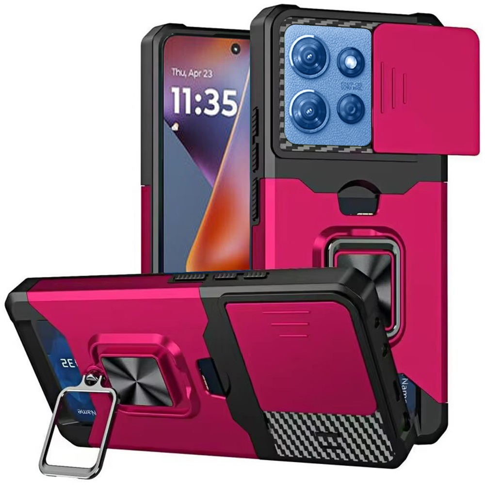for moto g 5g 2025/2026 g play 2026 multi functional card magnetic ring stand hybrid camera case cover hot pink