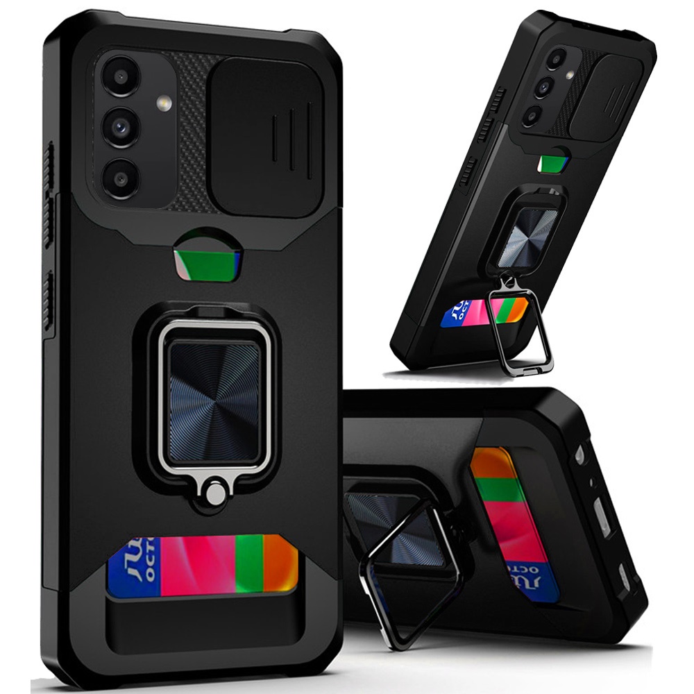for samsung a14 5g multi functional card magnetic ring stand hybrid camera case cover black