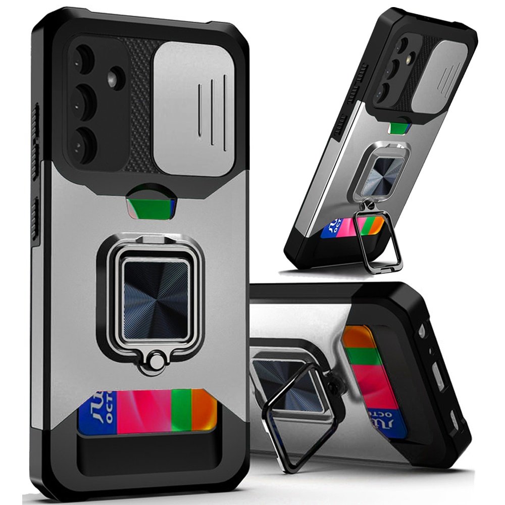 for samsung a15 5g multi functional card magnetic ring stand hybrid camera case cover silver