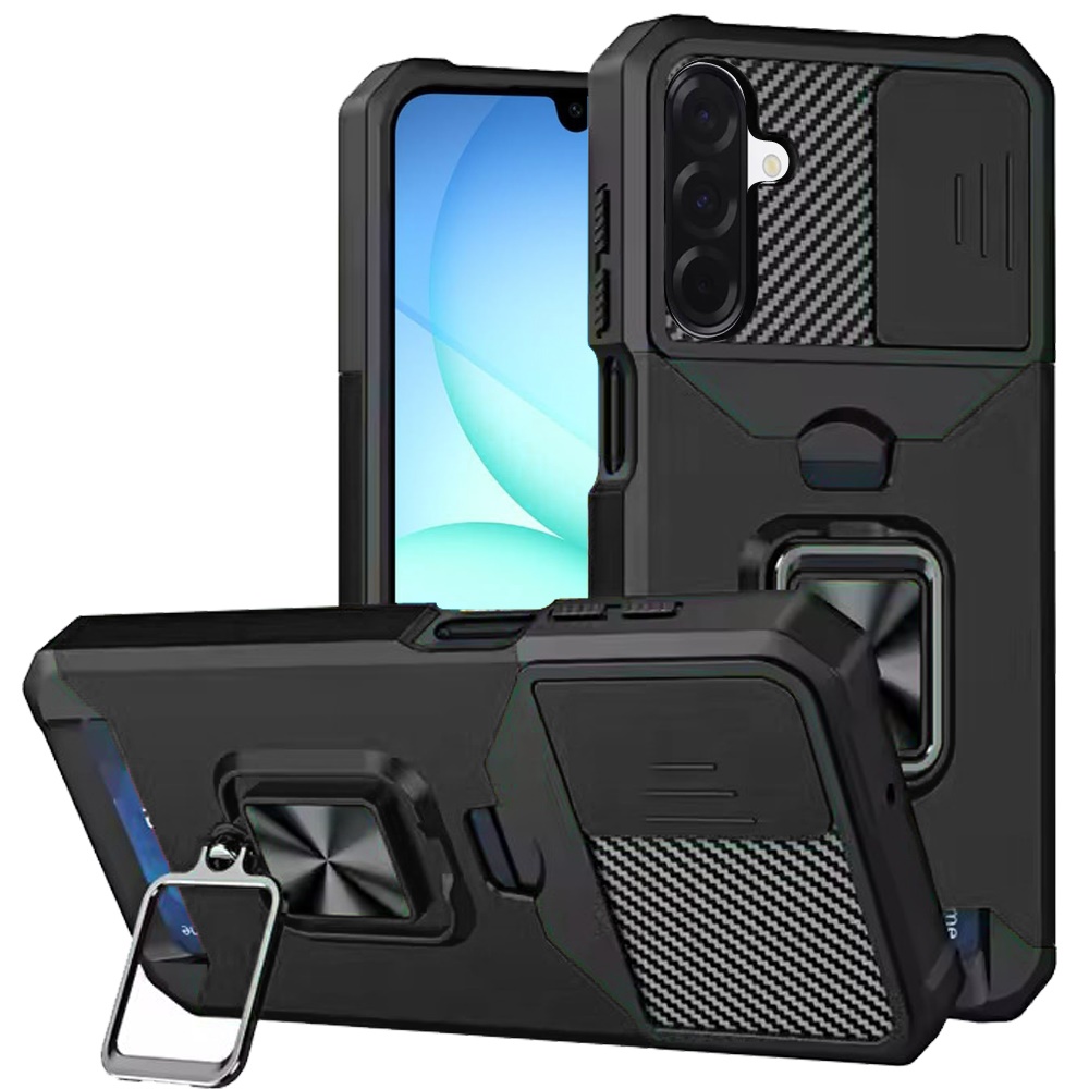 for samsung a17 5g multi functional card magnetic ring stand hybrid camera case cover black