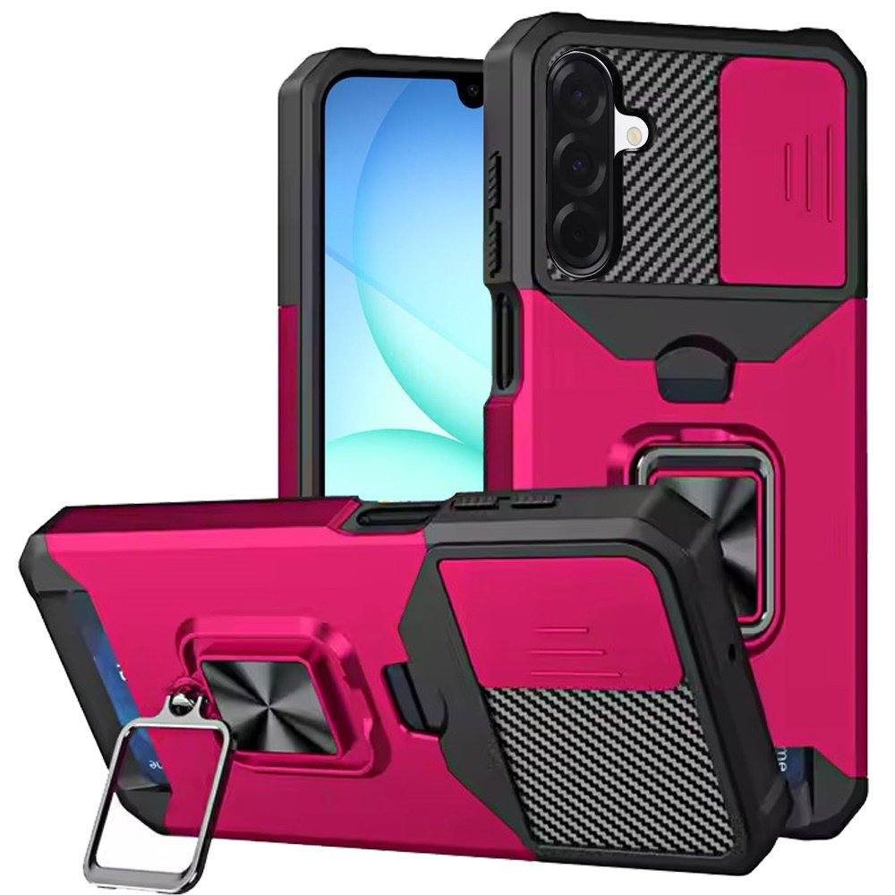 for samsung a17 5g multi functional card magnetic ring stand hybrid camera case cover hot pink